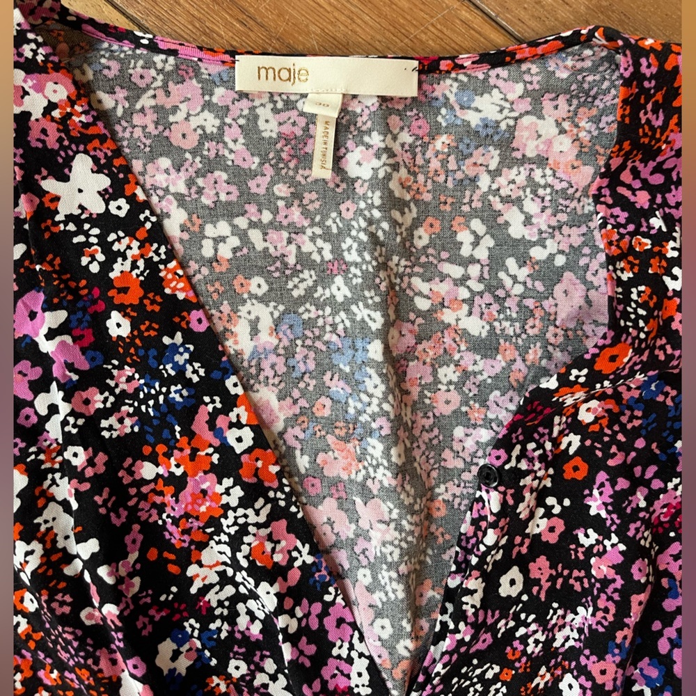 Maje Avianah Floral Asymmetrical Midi Dress Size 38 Black Pink Handkerchief - Picture 11 of 15